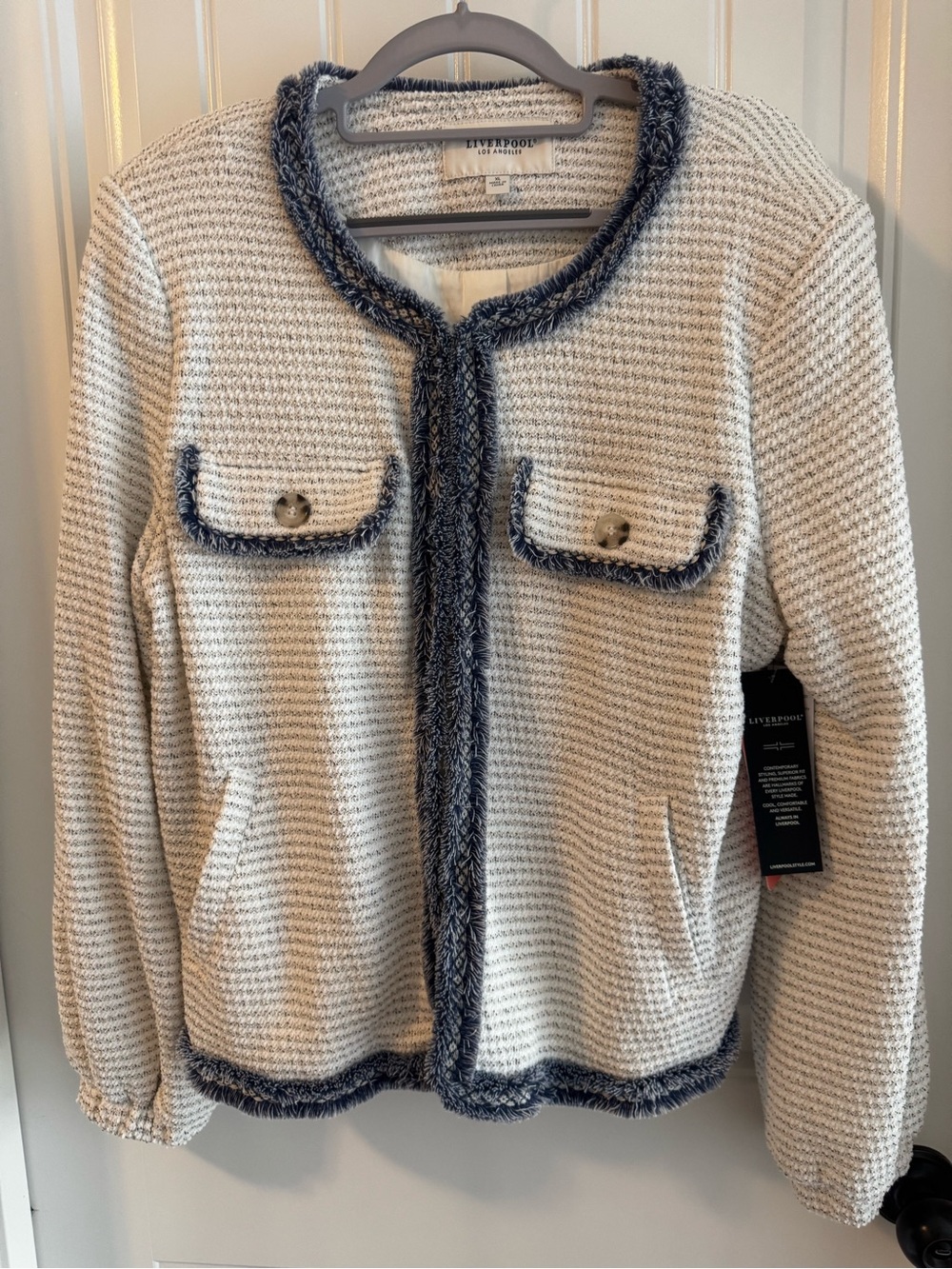 NWT Liverpool Los Angeles Tweed Fringe Jacket Cream Navy XL